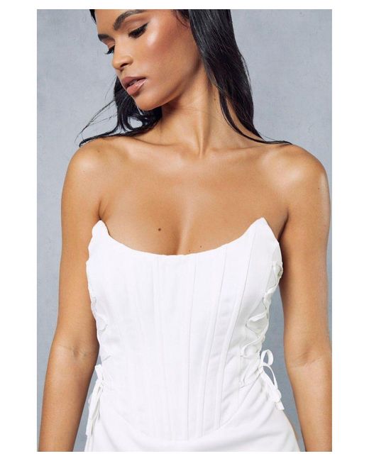 MissPap White Premium Satin Corseted Lace Up Detail Mini Dress
