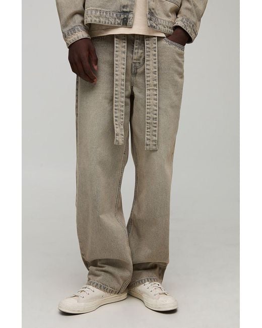 BoohooMAN Brown Relaxed Fit Washed Belted Jeans for men