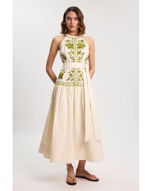Karen Millen Natural Rose Embroidered Cotton Twill Woven Maxi Dress
