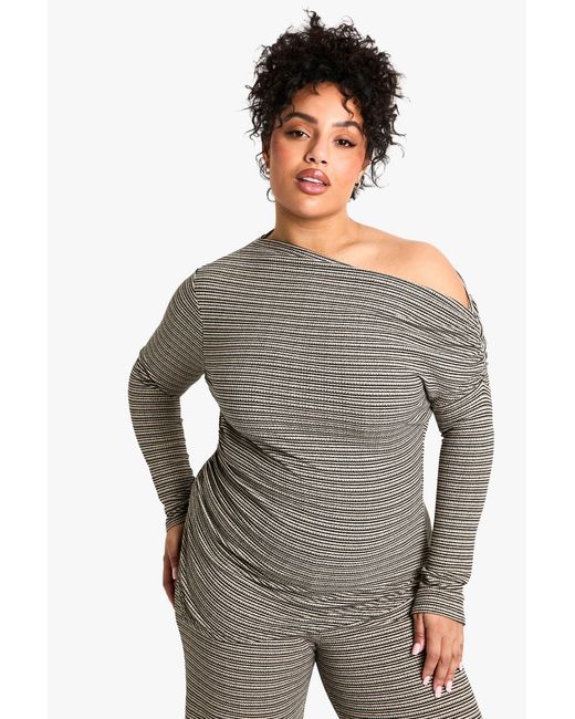 Boohoo Gray Plus Stripe Slash Neck Long Sleeve Top
