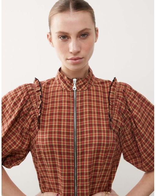 Collusion Brown Puff Sleeve Mini Dress With Zip Detail