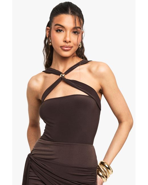 Boohoo Brown Slinky Cross Over One Piece With Trim Detail