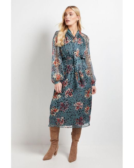 Wallis Blue Petite Tie Neck Seam Detail Midi Dress
