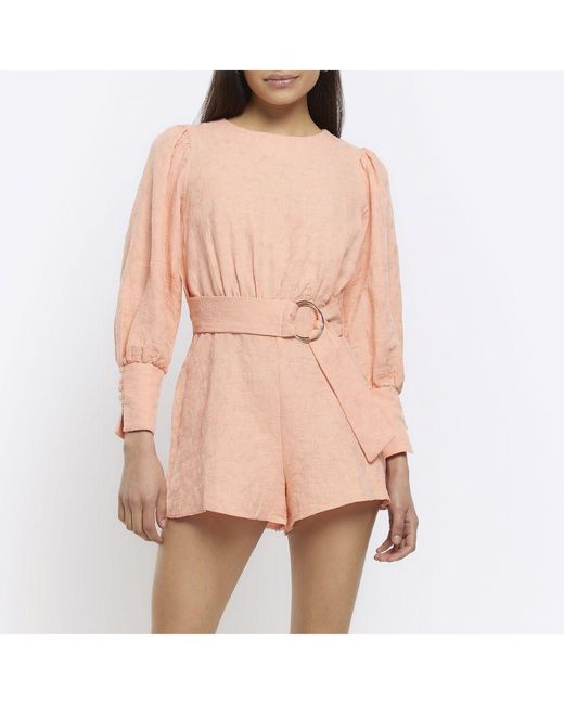 River Island Pink Playsuit Belted Long Sleeve Cotton