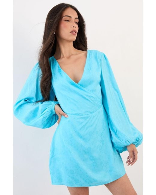 Warehouse Blue Blouson Sleeve Jacquard Mini Dress