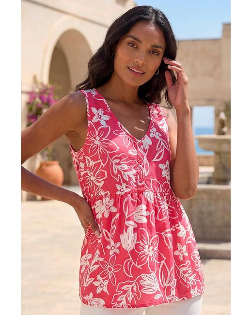 Roman Red Floral V-Neck Buttoned Top