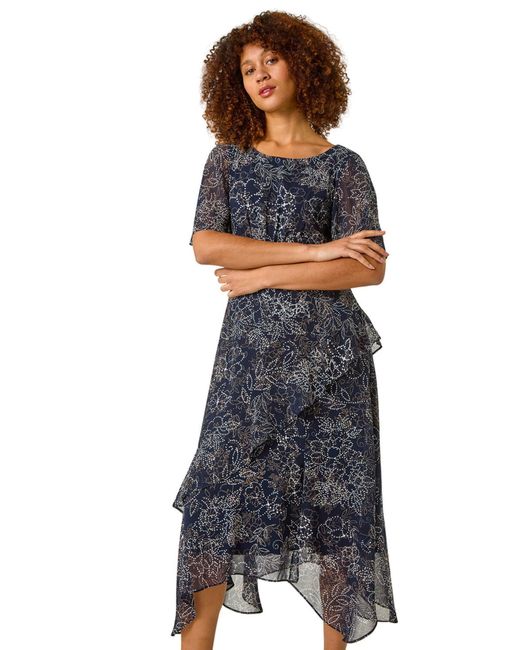 Roman Blue Floral Spot Print Frill Midi Dress