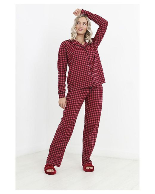 Brave Soul Red Cotton Gingham 'Gemma' Button Through Pyjama Set