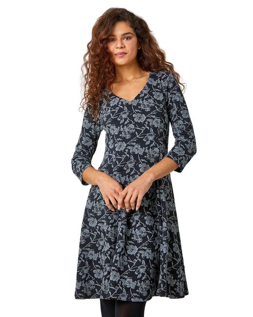 Roman Black Rose Print Cotton Blend Stretch Dress