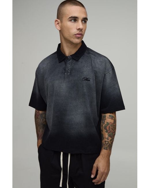BoohooMAN Blue Shrunken Oversized Script Spray Wash Rugby Polo for men