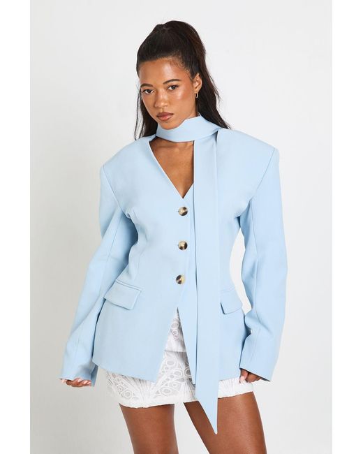 Boohoo Blue Scarf Detail Cinched Blazer
