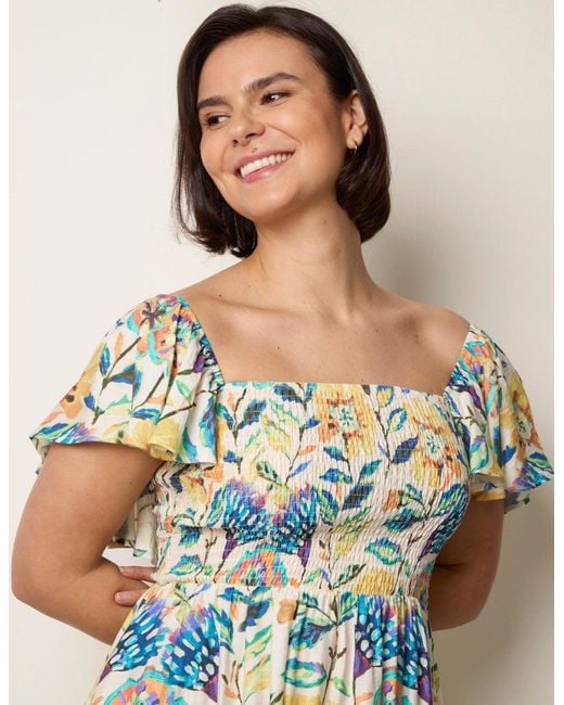 Blue Vanilla White Frill Sleeveless Tropical Floral Print Dress