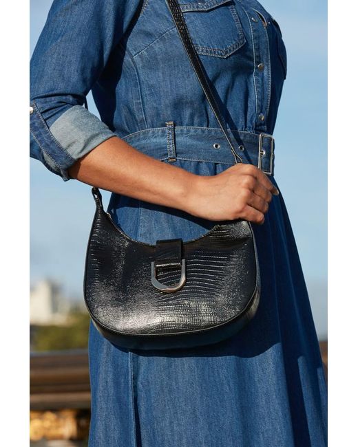 Sosandar Blue Snake Hoop Clasp Scoop Longline Shoulder Bag Faux Leather