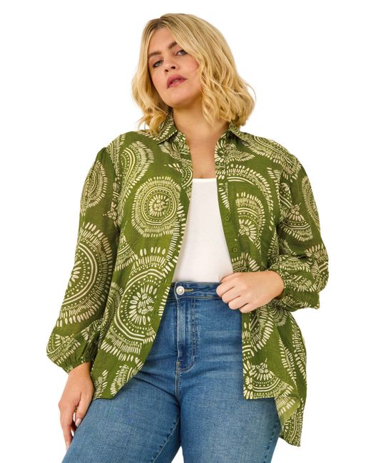 Roman Green Curve Abstract Print Woven Shirt