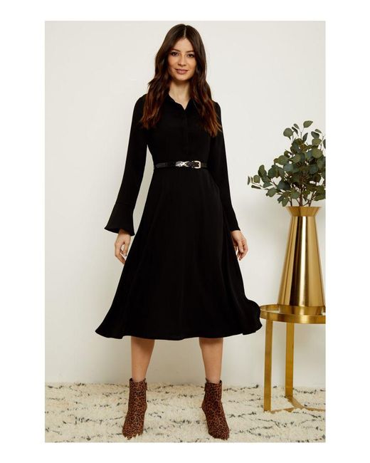Sosandar Black Button Front Fit & Flare Shirt Dress