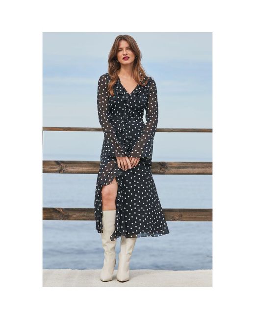 Sosandar Blue Petite Spot Print Ruffle Detail Fluted Sleeve Midi Dress