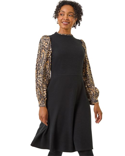 Roman Black Petite Contrast Frill Stretch Dress