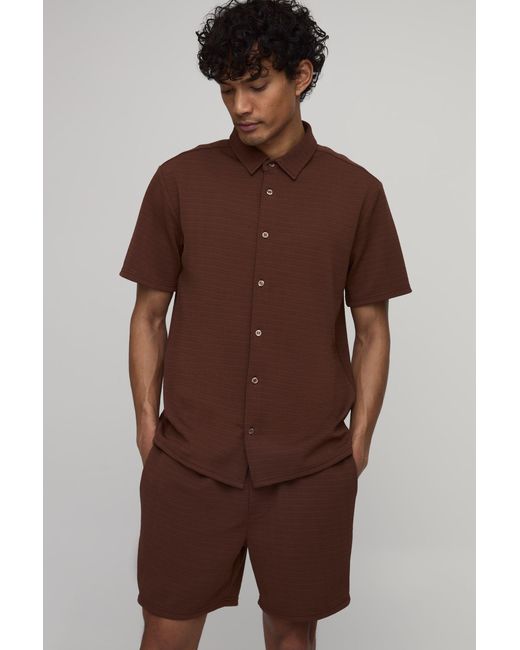 BoohooMAN Brown Short Sleeve Jersey Herringbone Shirt And Set for men