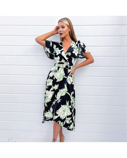 AX Paris Multicolor Floral Printed Short Sleeve Belted Wrap Midi Dress