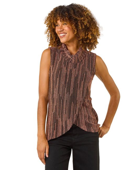 Roman Brown Shimmer Line Cowl Neck Tunic Top