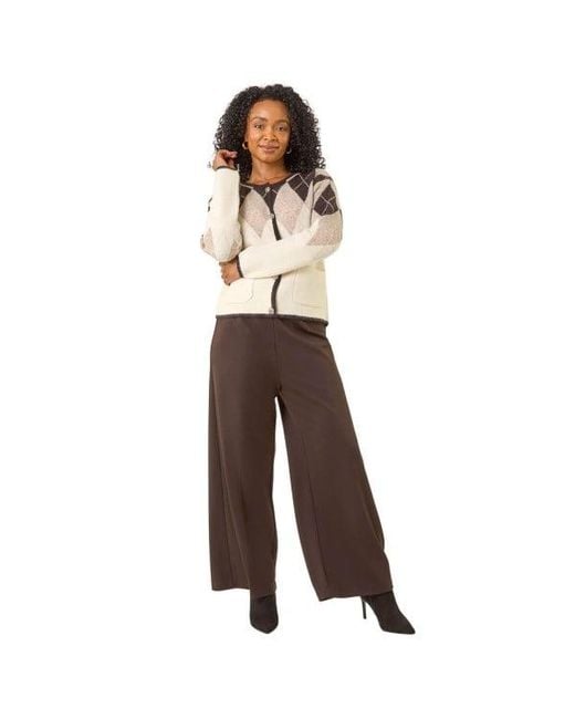 Roman Brown Petite Buttoned Argyle Knit Cardigan