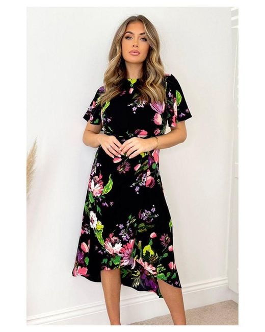 AX Paris Black Floral Printed Short Sleeve Gathered Side Midi Dress