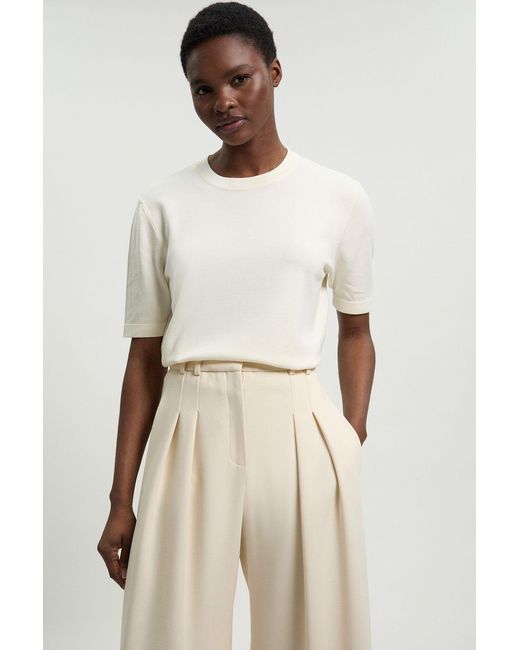 Karen Millen Natural Petite Viscose Blend Knit Crew Neck Short Sleeve Top