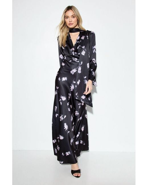 MissPap Blue Premium Floral Print Tie Neck Maxi Dress
