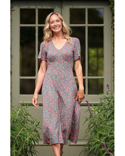 Mountain Warehouse Green 'Como' Printed Tea Dress Casual Lightweight Short Sleeve Midi Outfit Viscose