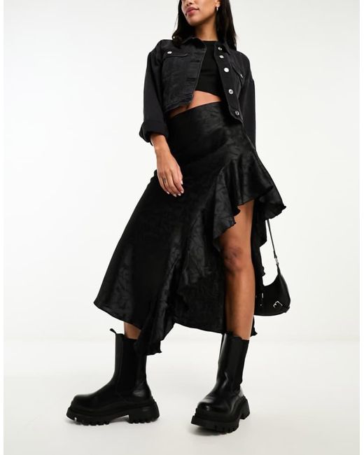 Miss Selfridge Black Satin Jacquard Asym Ruffle Maxi Skirt