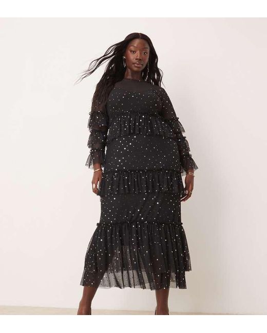 Never Fully Dressed Black Plus Star Print Mesh Midaxi Dress