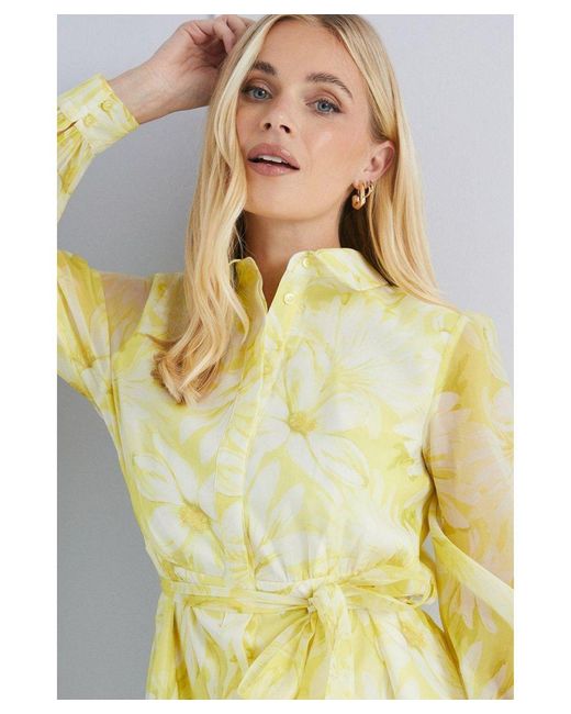 Wallis Yellow Petite Floral Organza Shirt Midi Dress