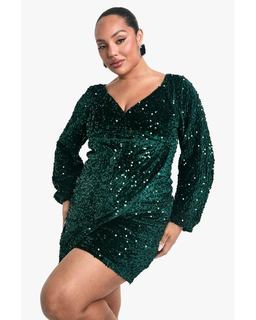 Boohoo Plus Velvet Sequin Swing Dress in Green | Lyst UK