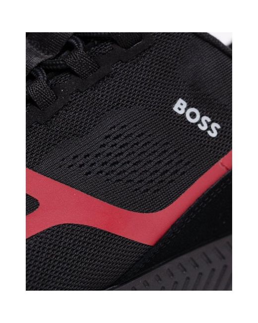 Boss Blue Titanium_Runn Mesh Lace-Up Trainers With Suede Trims for men