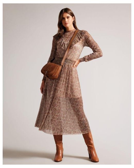 Ted Baker Brown Debbix Long Sleeve Midi Dress With Frill