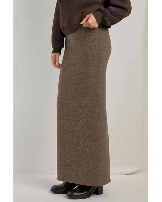 Hiccup Brown Elastic Waist Soft Textured Skirt With Slit