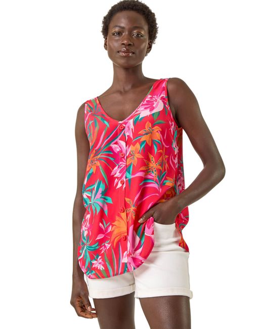 Roman Red Tropical Print V-Neck Button Cami Top