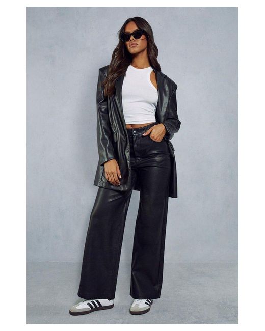MissPap Blue High Waisted Wide Leg Leather Look Trouser
