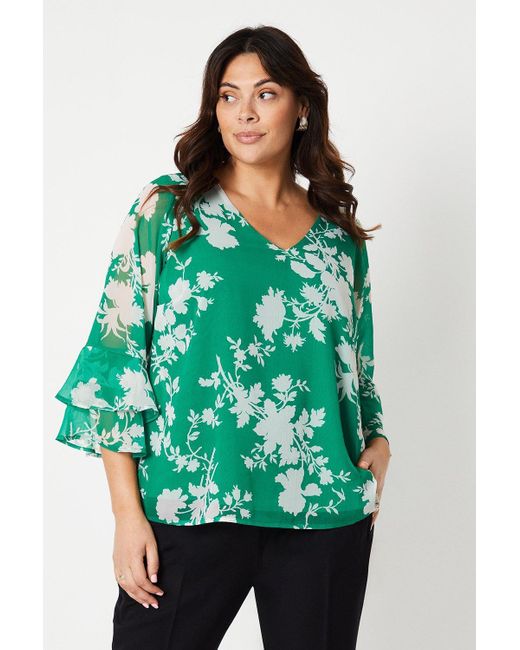 Wallis Green Curve Floral Flute Sleeve Top