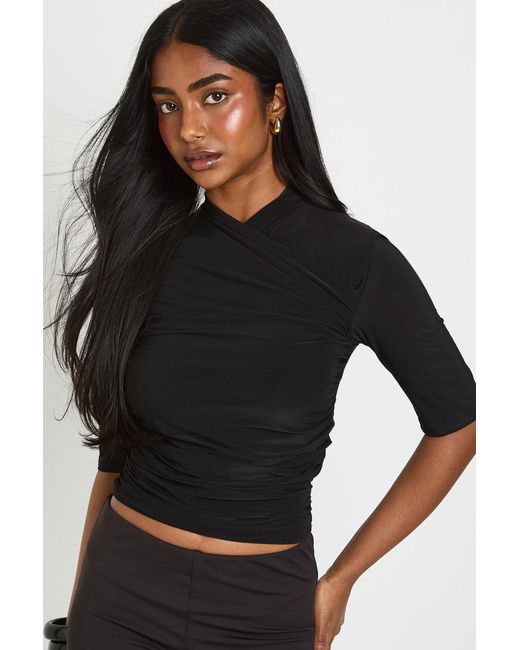 Boohoo Black Wrap Over Half Sleeve Top
