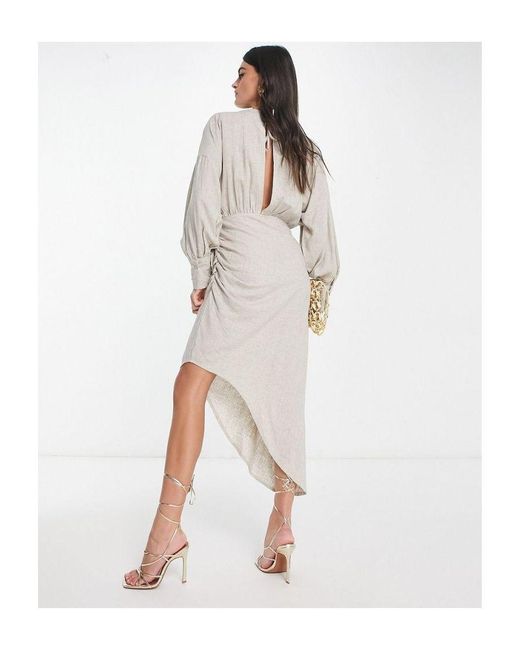 ASOS White Linen Batwing Tie Side Midi Dress With Asymmetric Skirt