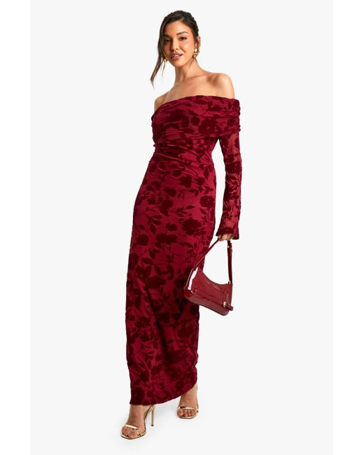Boohoo Red Devore Bardot Maxi Dress
