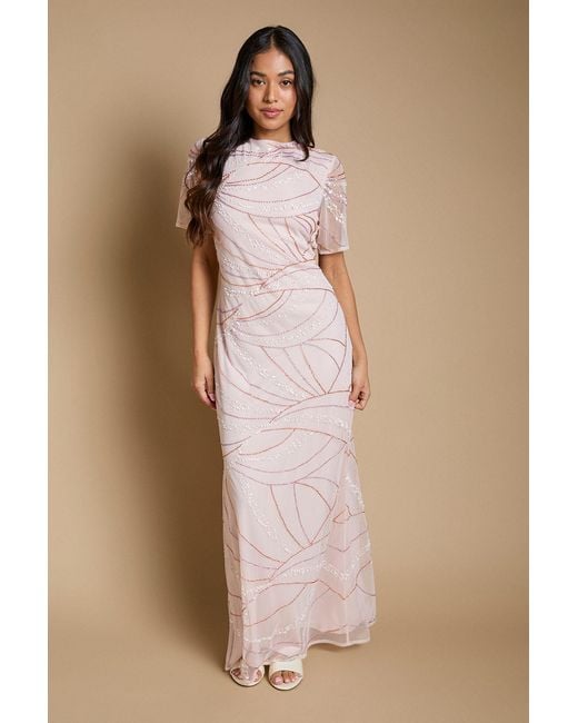 Oasis Natural Petite Linear Embellished Angel Sleeve Maxi Dress