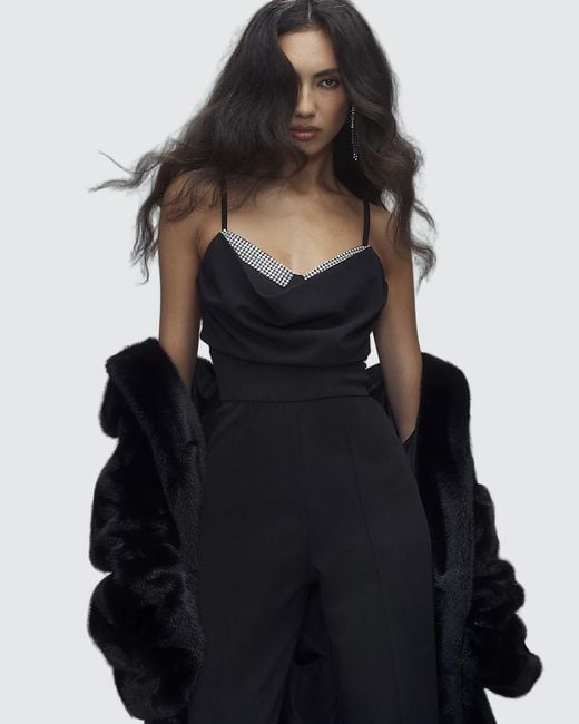 River Island Black Jumpsuit Cowl Neck Diamante Detail