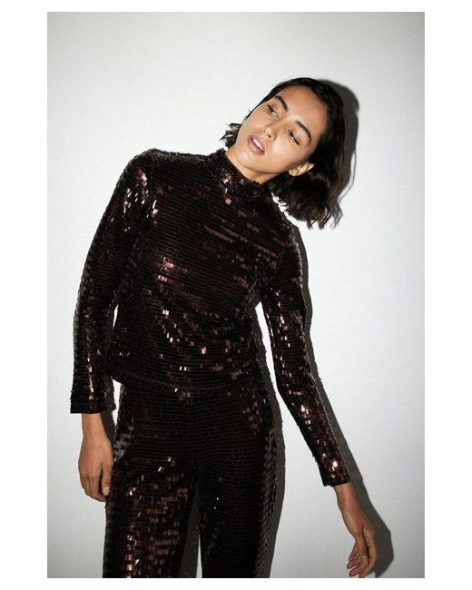 Warehouse Black Rectangle Sequin Funnel Neck Top Coord