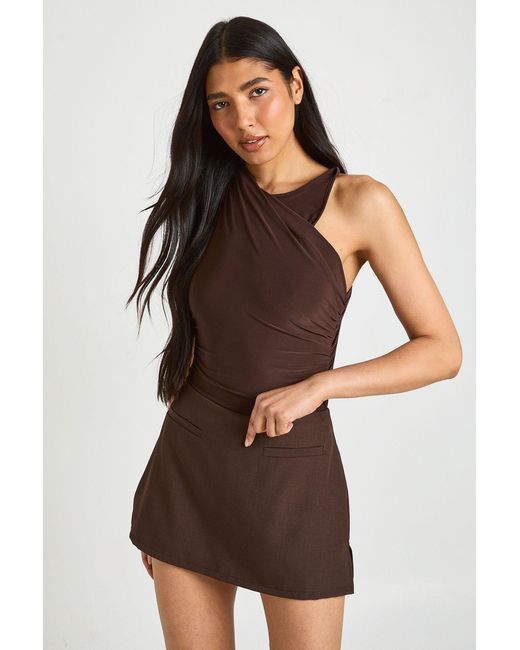 Boohoo Brown Tall Ruched One Shoulder Mesh Panel Bodysuit