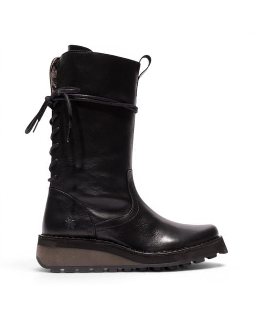 Fly London Black Leather Mid-Calf Long Boots