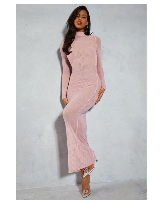 MissPap Gray Premium Mesh Hot Fix High Long Sleeve Maxi Dress