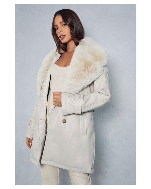 MissPap White Leather Look Fur Collar Detail Trench Coat