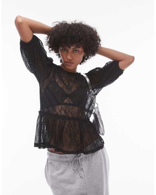 TOPSHOP Black Lace Peplum Top